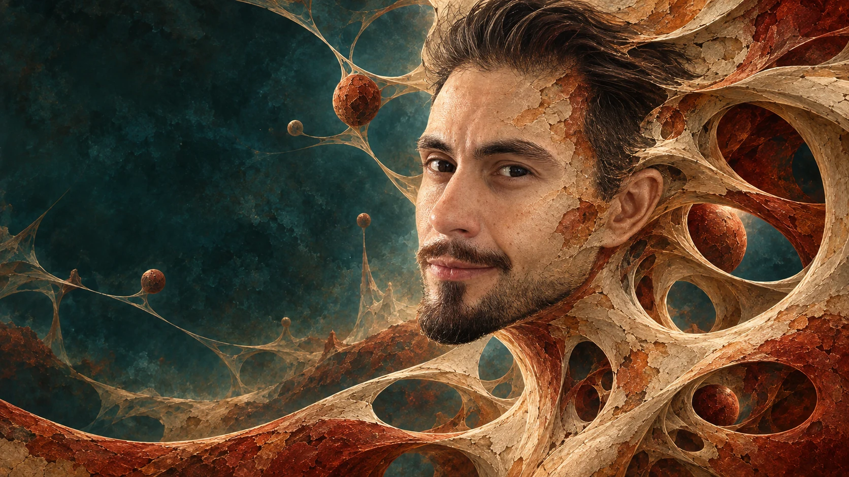 Azis Dabas’s likeness transformed into a surreal mineral universe, with facial contours flowing into ivory folds, terracotta forms, and connective threads