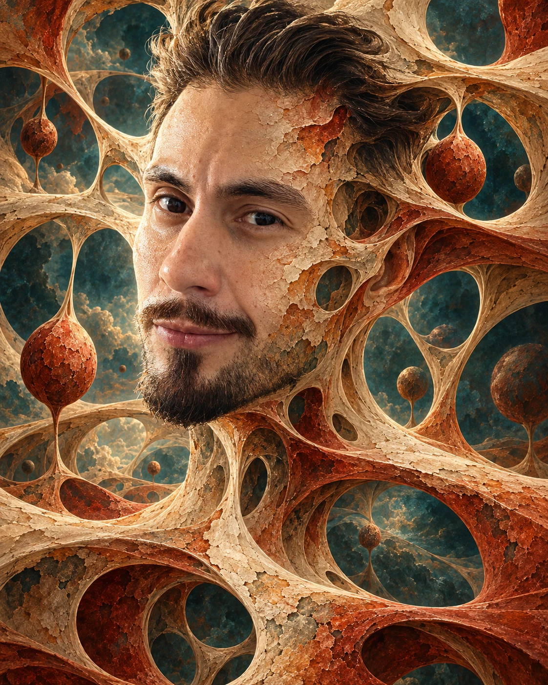Azis Dabas’s likeness transformed into a surreal mineral universe, with facial contours flowing into ivory folds, terracotta forms, and connective threads