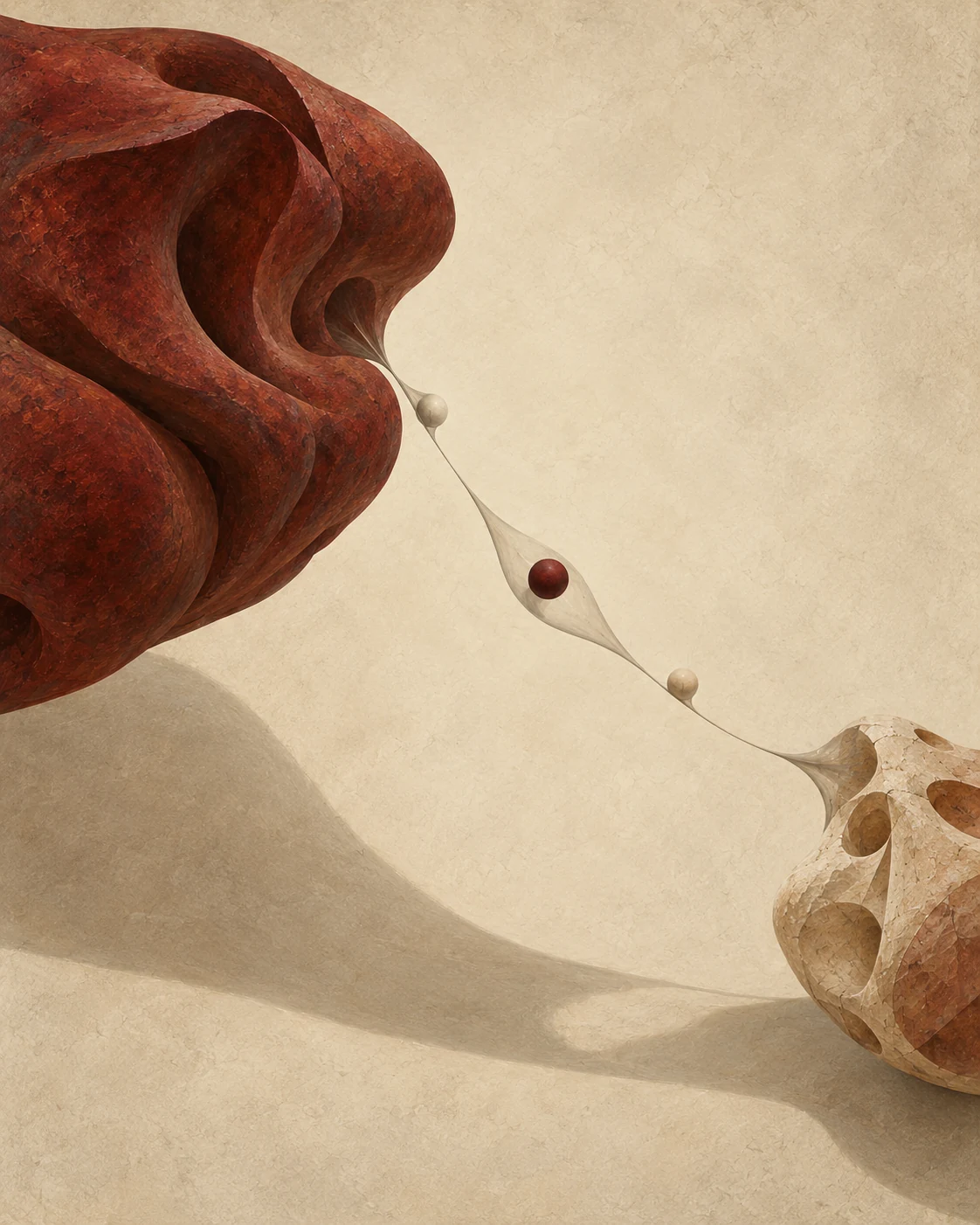 A large oxblood form and a small ivory fragment balance across a fine curved connection.