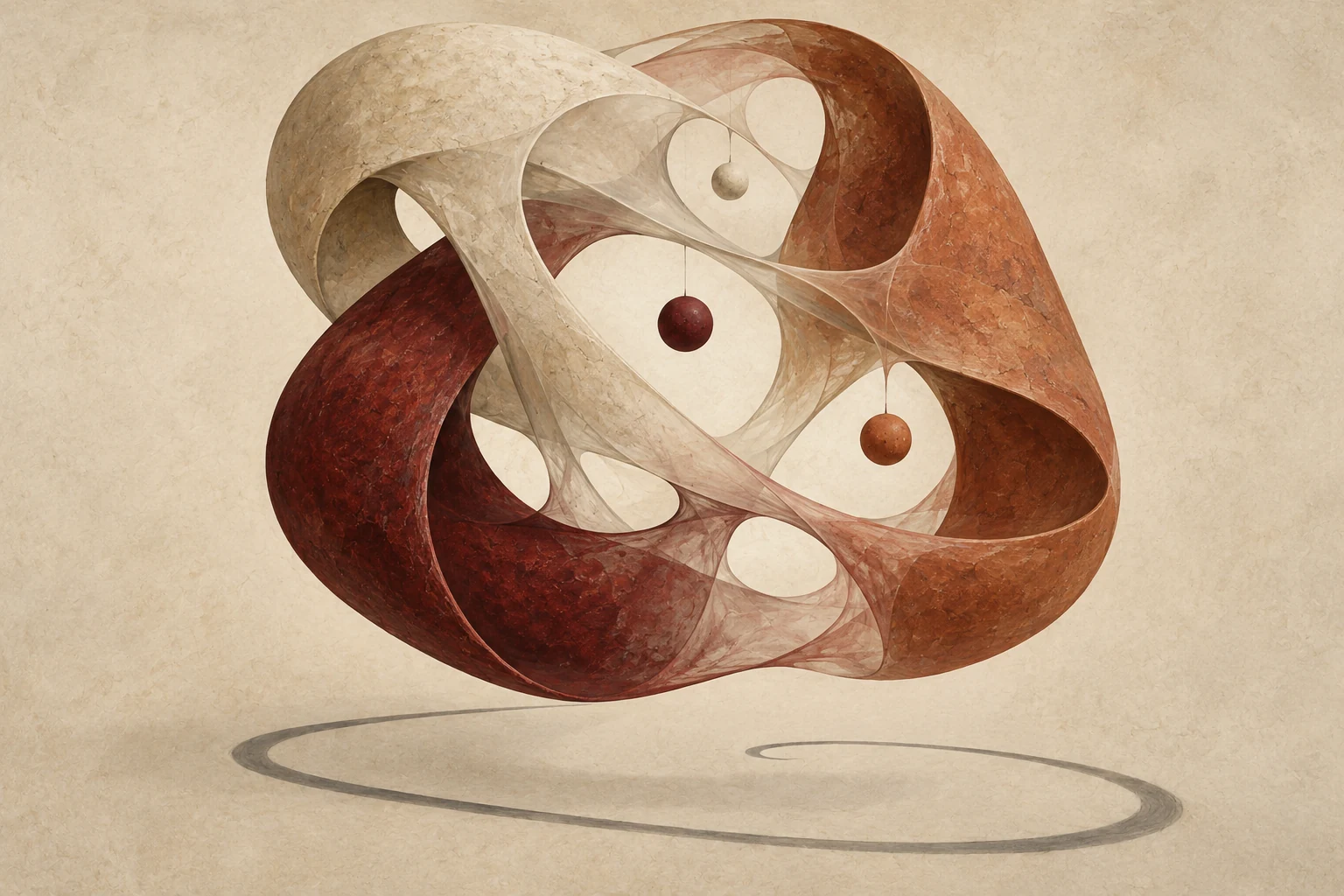 Three impossible interwoven strips surround an open center and cast a simple shadow.