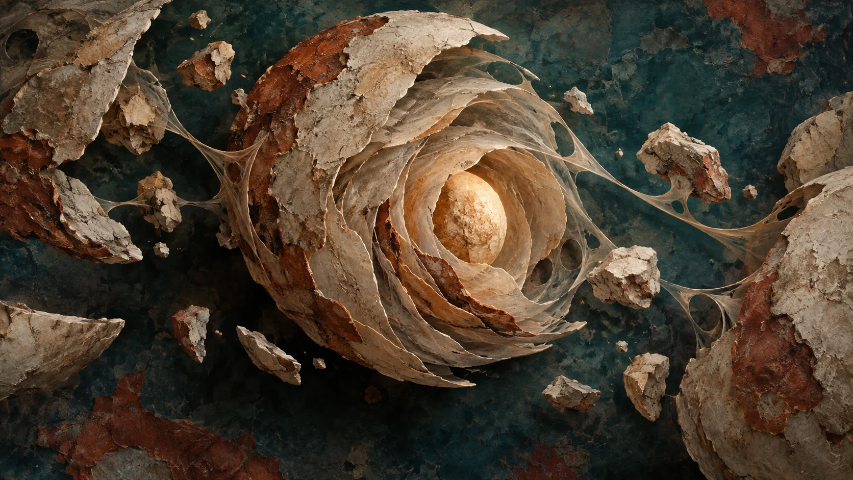 Layers of mineral strata surround an illuminated core, connected to suspended fragments