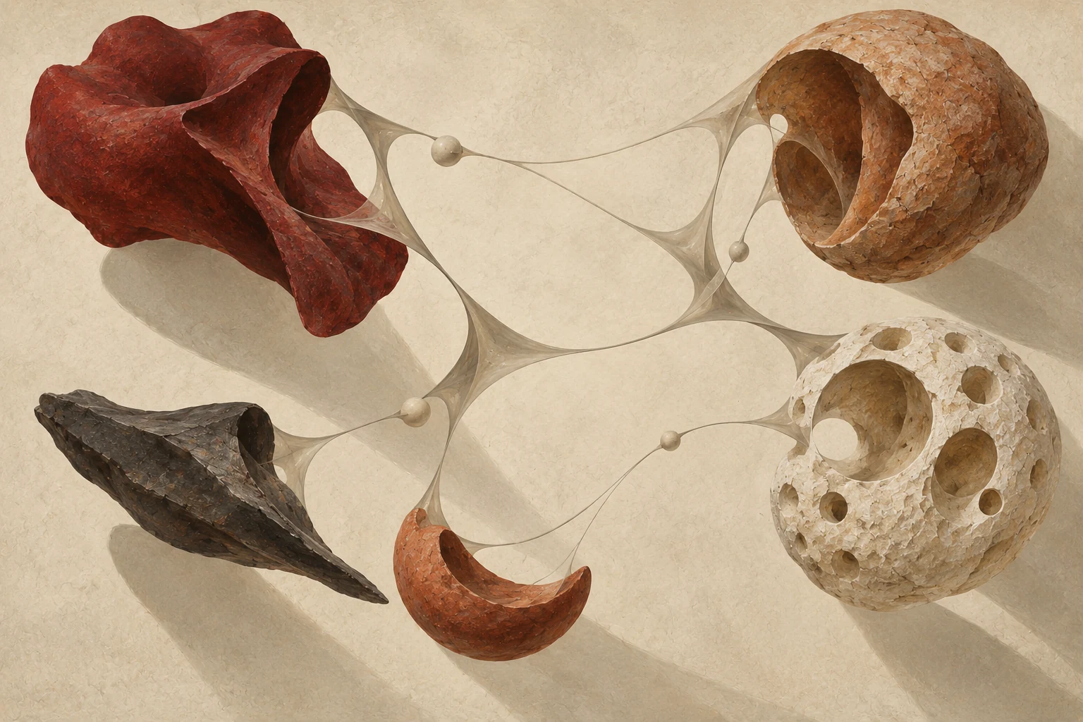 Five floating mineral forms connected by a continuous web of fine strands