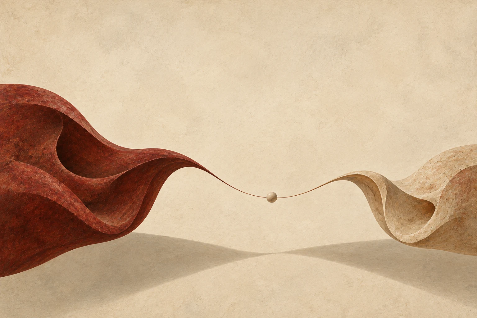 Two curved forms connected by one thread across an open space