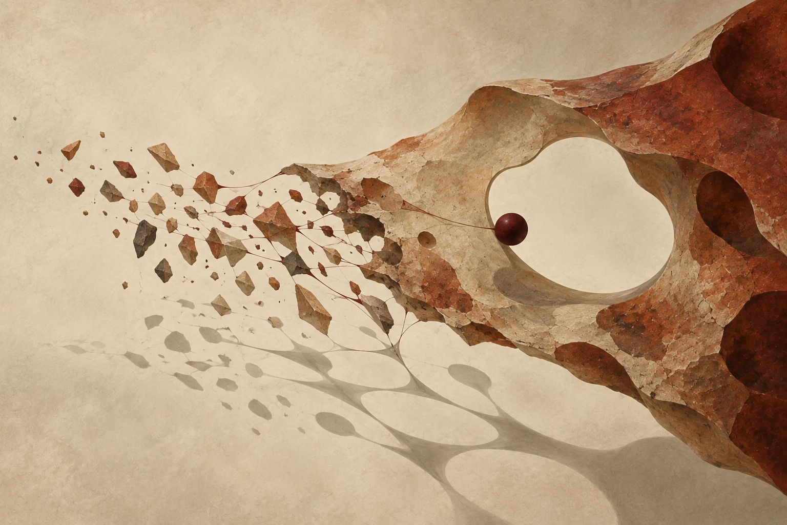Scattered mineral fragments cast one connected branching shadow.