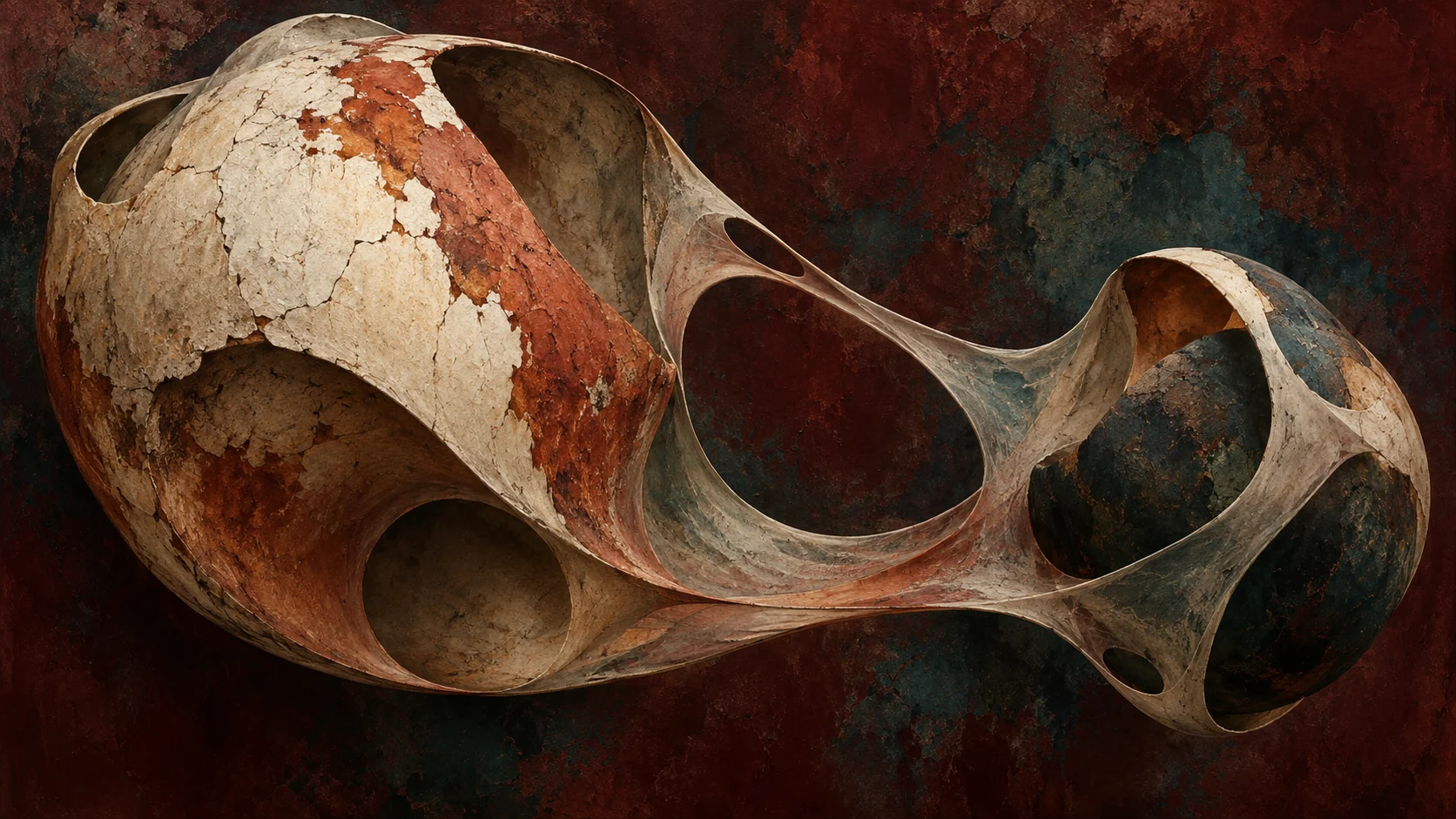 Unequal ivory and terracotta mineral forms held together by a continuous tensile membrane