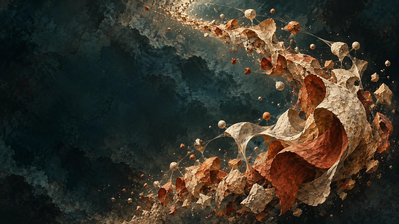 A luminous ribbon of connected mineral fragments emerging from a deep teal field
