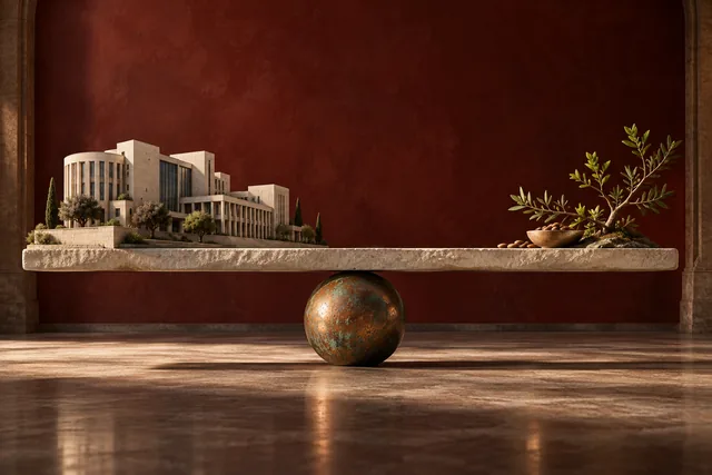 Conceptual editorial artwork: An ivory sculptural balance supported by a copper fulcrum between architecture and new growth.