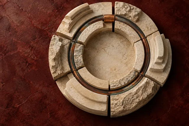 Conceptual editorial artwork: Six carved stone terraces joined by a continuous copper channel and a fitted bridge.