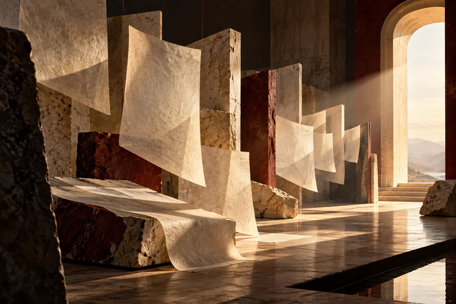 Layered translucent sheets and archival stone slabs framing a precise beam of light