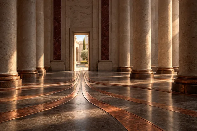 Conceptual editorial artwork: Copper pathways between ivory columns converge on a narrow passage into an open courtyard.