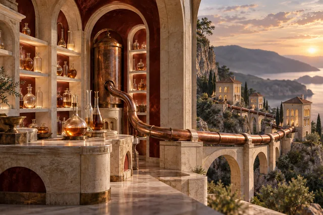 Conceptual editorial artwork: Sculptural apothecary shelves connected by copper to a small architectural neighborhood.