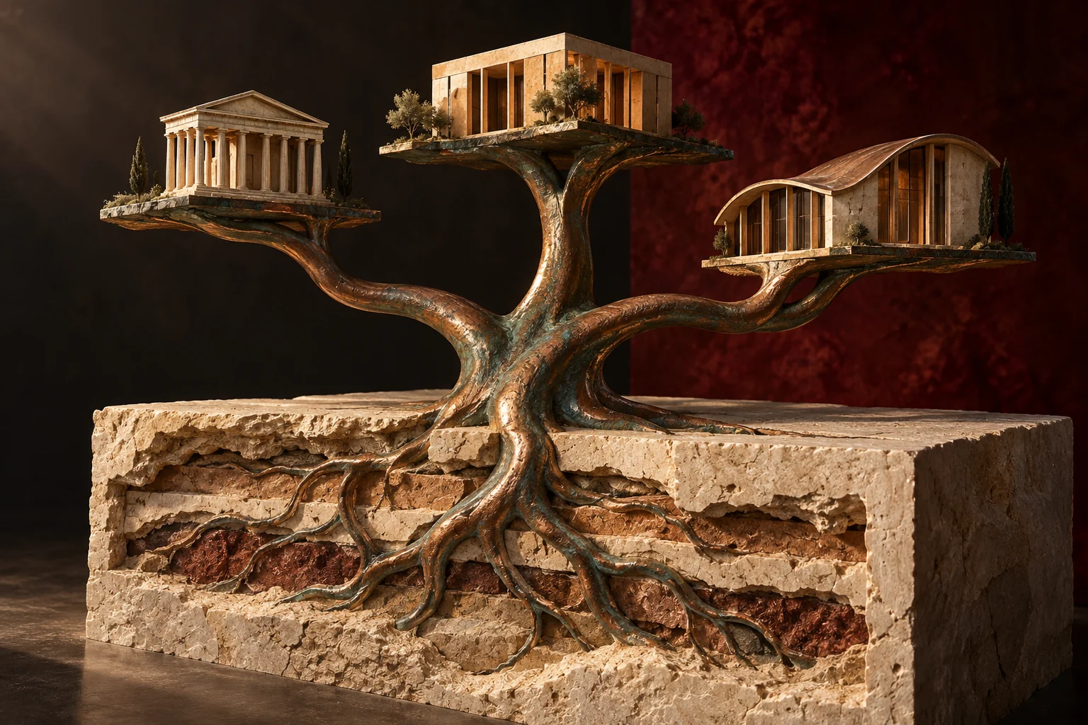 A branching copper tree rooted in a cutaway limestone foundation and connecting architectural forms