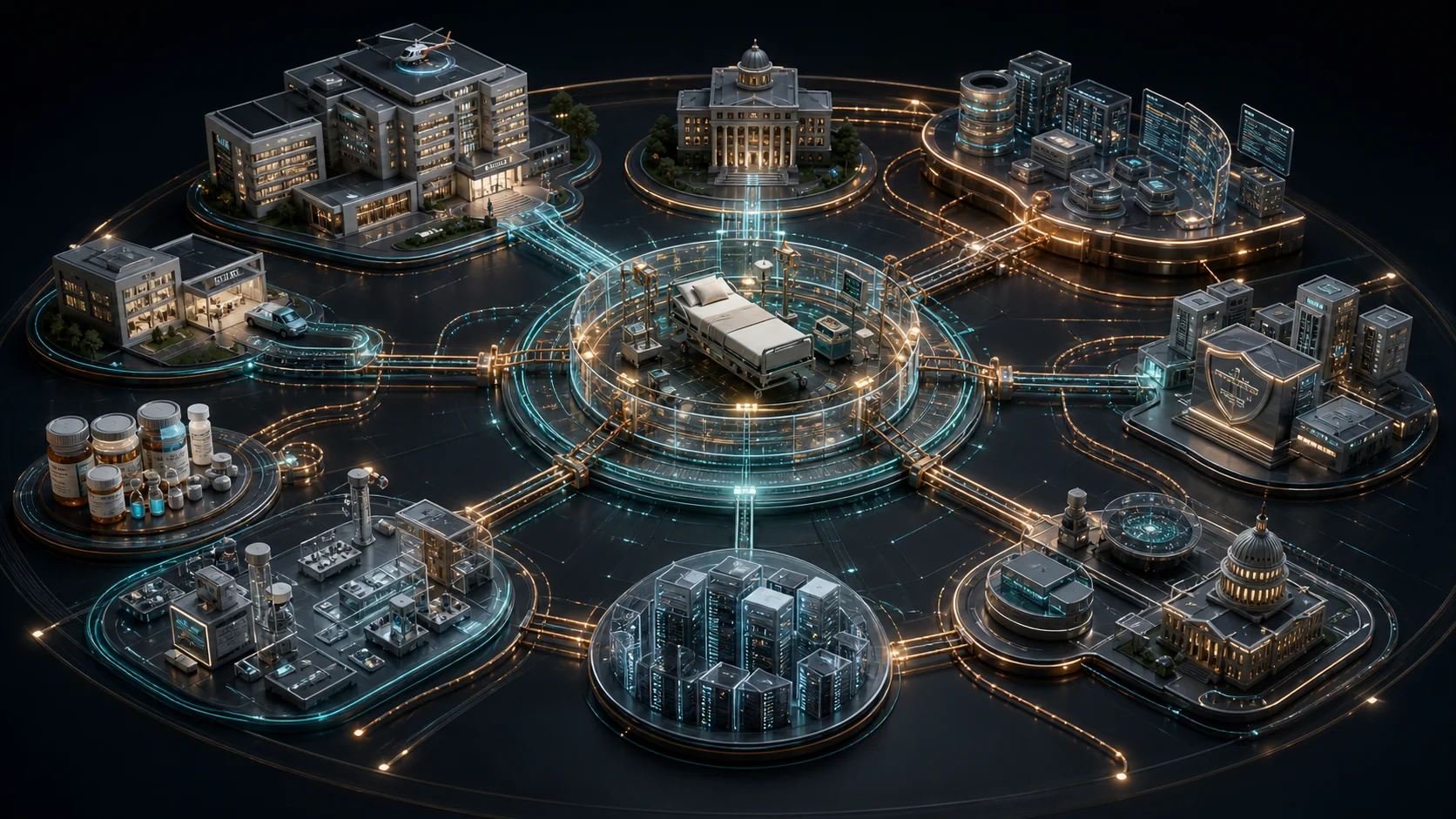 Detailed healthcare architecture connecting a hospital, pharmacy, diagnostic laboratory, payers, data infrastructure, public policy, and governance around one patient episode.