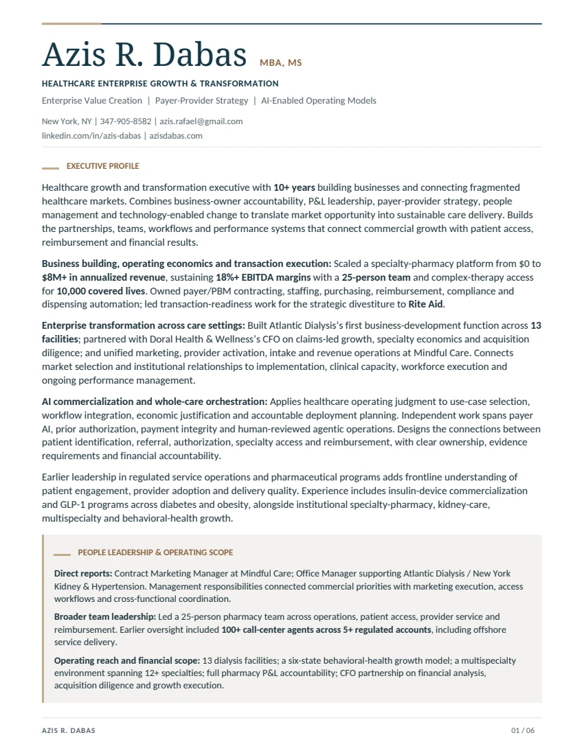First page of Azis Dabas's September 4, 2026 executive resume